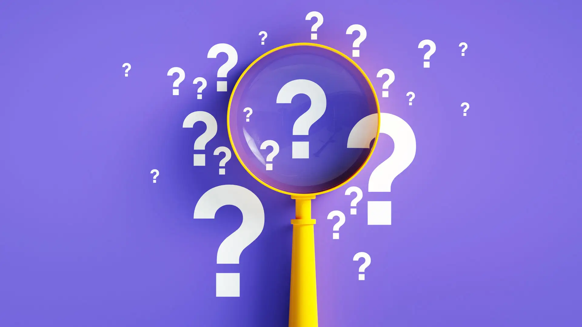 Magnifying glass with question marks on a purple background representing: debunking myths of senior living at WhiteStone.